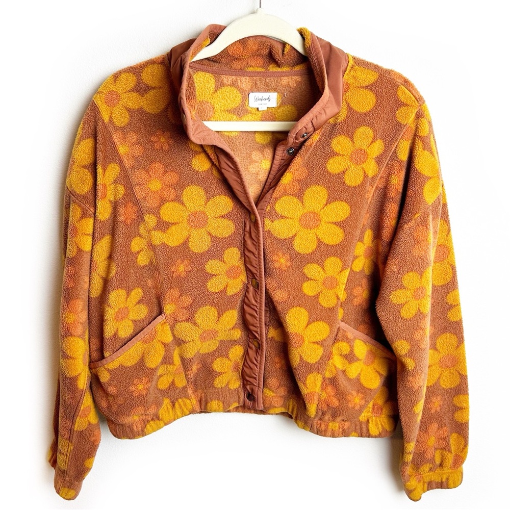Weekends Everyday Floral Fleece cropped retro sweater jacket size: M